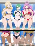  1boy 3girls ass beach bikini blonde_hair blue_eyes blue_nails breasts brown_eyes butt_crack cleavage curvy dimples_of_venus fairy_tail green_eyes green_hair hisui_e._fiore jenny_realight large_ass large_breasts laying lexus_(artist) long_hair meredy_(fairy_tail) multiple_girls nail_polish penis pink_hair sea smile testicles thick_thighs thighs together 