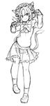  :3 ahoge animal_ears arm_up bangs bow bowtie cat_ears cat_tail chen closed_mouth earrings eyebrows_visible_through_hair full_body greyscale hat highres jewelry loafers long_sleeves looking_at_viewer mob_cap monochrome multiple_tails osaname_riku paw_pose shoes short_hair simple_background skirt smile socks solo standing tail touhou two_tails white_background 