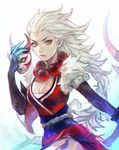 blood_moon_diana breasts cleavage diana_(league_of_legends) facial_mark forehead_mark fur_trim highres jewelry large_breasts league_of_legends long_hair looking_at_viewer mask necklace oni_mask pearl_necklace red_eyes simple_background spiked_hair viorie white_background white_hair 