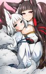  akagi_(azur_lane) animal_ears azur_lane blue_eyes breasts brown_hair eyebrows_visible_through_hair fox_ears fox_tail hair_tubes highres hug japanese_clothes jenigata kaga_(azur_lane) large_breasts long_hair looking_at_viewer makeup multiple_girls multiple_tails red_eyes short_hair smile tail white_hair wide_sleeves 