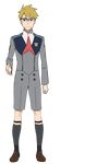  blonde_hair darling_in_the_franxx full_body glasses gorou_(darling_in_the_franxx) looking_at_viewer male_focus official_art outstretched_hand purple-framed_eyewear school_uniform shorts sock_garters socks solo standing transparent_background 