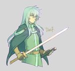  alternate_color cape character_name dated dias_flac emeraudolupus green_eyes green_hair grey_background highres long_hair male_focus sheath signature solo star_ocean star_ocean_the_second_story sword upper_body weapon 