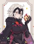  ahoge bangs box breasts cape chain closed_mouth commentary_request confetti fate/grand_order fate_(series) faulds gauntlets gift gift_box hair_between_eyes headpiece highres jeanne_d'arc_(alter)_(fate) jeanne_d'arc_(fate)_(all) large_breasts short_hair silver_hair solo upper_body yayata_(884) yellow_eyes 