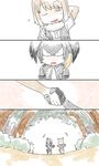  2girls 4koma ;d animal_ears arm_behind_head brown_hair bush comic day food fox_ears fox_tail fruit fur_collar grey_hair grey_shirt handshake head_wings highres holding_hands kemono_friends low_ponytail multiple_girls murakami_kou_(raye) necktie one_eye_closed open_mouth outdoors shirt shoebill_(kemono_friends) short_hair silent_comic smile tail tibetan_sand_fox_(kemono_friends) tree watermelon white_neckwear 