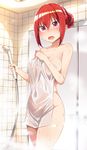  :o bathroom blush breasts collarbone commentary covered_navel covering fang gabriel_dropout greatmosu hair_between_eyes hair_bun hair_up hand_on_own_chest highres impossible_towel indoors kurumizawa_satanichia_mcdowell large_breasts looking_at_viewer nude nude_cover open_mouth pink_eyes red_hair short_hair shower_head solo steam thighs tile_wall tiles towel tsurime v-shaped_eyebrows wet wet_towel white_towel wide_hips 