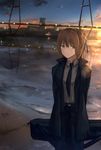  belt black_coat black_neckwear bridge brown_hair chyt cityscape collared_shirt duffle_bag dusk eyebrows_visible_through_hair eyes_visible_through_hair girls_frontline green_eyes hair_between_eyes hair_up highres long_coat long_hair looking_at_viewer m1903_springfield m1903_springfield_(girls_frontline) necktie pants reflection river riverbank shirt sky smile star_(sky) starry_sky water white_shirt 