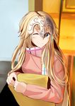  ;) absurdres alternate_costume blonde_hair blue_eyes blush casual congtou_bingtang fate/apocrypha fate_(series) headpiece highres jeanne_d'arc_(fate) jeanne_d'arc_(fate)_(all) long_hair one_eye_closed scarf sketch smile solo upper_body 