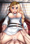  1girl :o abs blonde_hair bottomless braid breasts breasts_outside censored chateau_gaillard_(oshiro_project) clothed_female_nude_male clothed_sex cowgirl_position cum cum_in_pussy female_orgasm fuuki_(te_fuukin) girl_on_top hetero highres long_hair looking_at_viewer medium_breasts nipples nude open_mouth orgasm oshiro_project oshiro_project_re overflow penis purple_eyes pussy saliva sex shiny shiny_skin shirt spread_legs straddling thigh_grab torogao vaginal white_shirt wide-eyed 