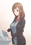  black_jacket breasts brown_hair cardigan commentary copy_machine highres jacket kitazawa_(embers) large_breasts long_hair long_sleeves office_lady original purple_eyes red_neckwear simple_background solo white_background 