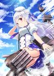  anchor ass azur_lane bangs black_legwear blue_sky blunt_bangs blush breasts chain closed_mouth cloud cloudy_sky commentary_request cygnet_(azur_lane) day eyebrows_visible_through_hair garter_straps hair_bun hat light_rays looking_at_viewer machinery medium_breasts outdoors red_eyes short_sleeves skirt sky solo sunbeam sunlight thighhighs torpedo_tubes white_hair yasuyuki 