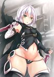 bandaged_arm bandages bare_shoulders black_legwear black_panties breasts commentary_request fate/apocrypha fate/grand_order fate_(series) gloves green_eyes groin highres jack_the_ripper_(fate/apocrypha) kashiwagi_yamine knife looking_at_viewer navel panties scar short_hair silver_hair small_breasts solo thighhighs underwear weapon 