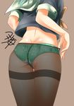  arms_at_sides ass back black_legwear blue_shirt bow commentary_request crop_top from_behind green_hair green_panties kantai_collection midriff no_pants orange_background panties panties_under_pantyhose pantyhose pantyhose_tug school_uniform serafuku shirt short_hair short_sleeves signature sketch sleeve_cuffs solo thighband_pantyhose underwear yellow_bow yellow_neckwear yua_(checkmate) yuubari_(kantai_collection) 