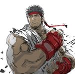  black_hair commentary_request dougi fighting_stance fingerless_gloves gloves grey_eyes headband highres male_focus muscle red_gloves ryuu_(street_fighter) sketch sleeveless solo street_fighter thick_eyebrows yasuda_akira 