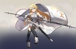 alternate_hairstyle bare_shoulders black_legwear blonde_hair blue_eyes boots breasts fate_(series) gradient gradient_background headpiece high_heel_boots high_heels highres jeanne_d'arc_(fate) jeanne_d'arc_(fate)_(all) large_breasts long_hair looking_at_viewer scabbard sheath smile solo sword thighhighs weapon yingji_(zszero) 
