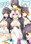 5girls breasts emperor_penguin_(kemono_friends) female gentoo_penguin_(kemono_friends) hair_over_one_eye humboldt_penguin_(kemono_friends) kemono_friends large_breasts leotard long_hair looking_at_viewer multiple_girls nipples penguins_performance_project_(kemono_friends) puffy_nipples rayze red_eyes rockhopper_penguin_(kemono_friends) royal_penguin_(kemono_friends) shiny_skin sitting smile team 