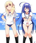  &gt;:) ahoge arm_at_side ass_visible_through_thighs bangs black_legwear blonde_hair blue_buruma blue_sky blush breasts buruma closed_eyes closed_mouth cloud cloudy_sky day drill_hair embarrassed erika_wagner eyebrows eyebrows_visible_through_hair eyelashes eyes_visible_through_hair facing_viewer feet_out_of_frame flying_sweatdrops gym_shirt gym_uniform hair_between_eyes hairband hand_on_hip huge_ahoge kneehighs knees_together_feet_apart legs_apart long_hair looking_at_viewer multiple_girls name_tag orie_(under_night_in-birth) puffy_short_sleeves puffy_sleeves red_eyes ribbed_legwear shirt shirt_tug short_hair short_sleeves signature sky small_breasts smile standing straight_hair suzuna_(najaran) sweat tears thigh_gap under_night_in-birth v-shaped_eyebrows very_long_hair wavy_mouth white_hairband white_shirt wristband 