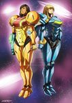  black_hair blonde_hair blue_eyes brown_eyes cosplay costume_switch crossover dark_skin earrings facial_mark facial_tattoo full_body gun hair_tubes jewelry long_hair metroid multiple_girls onichan-xd overwatch pharah_(overwatch) pharah_(overwatch)_(cosplay) ponytail samus_aran samus_aran_(cosplay) short_hair tattoo varia_suit weapon 