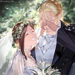  1girl blonde_hair bouquet bow bowtie bridal_veil bride closed_eyes couple crying dress eyewear_removed flower formal fullmetal_alchemist gloves groom hetero holding holding_eyewear holy_pumpkin husband_and_wife smile suit tears trisha_elric tuxedo twitter_username van_hohenheim veil wedding wedding_dress wreath 