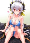  bikini bow breasts cleavage fate/grand_order fate_(series) hair_bow highres horns kiyohime_(fate/grand_order) kiyohime_(swimsuit_lancer)_(fate) large_breasts long_hair looking_at_viewer marugoshi_(54burger) ponytail red_eyes silver_hair smile solo swimsuit yellow_eyes 