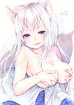  :p animal_ear_fluff animal_ears bangs blue_skirt blush breast_grab breasts breasts_outside brown_eyes chita_(ketchup) closed_mouth collarbone commentary_request covering covering_breasts fox_ears fox_tail grabbing highres large_breasts lips long_hair looking_at_viewer multicolored multicolored_eyes nipple_slip nipples off_shoulder open_clothes original purple_eyes signature silver_hair simple_background skirt smile solo tail tongue tongue_out topless upper_body white_background 