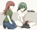  :d alternate_costume bangs bare_arms bare_shoulders between_legs bike_shorts black_legwear blue_pants breasts brown_eyes brown_hair casual character_name cleavage eyepatch green_eyes green_hair green_shirt grin hair_between_eyes hand_between_legs kantai_collection kiso_(kantai_collection) kneeling long_hair looking_at_another medium_breasts multicolored multicolored_background multiple_girls no_bra ooi_(kantai_collection) open_mouth pants pants_rolled_up shirt short_sleeves sideboob sidelocks sideways_mouth sitting smile socks souji t-shirt tank_top teeth text_focus two-tone_background v_arms white_shirt 