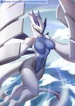  1girl 2017 alan_campos artist_name blue_eyes blue_sky breasts cloud collarbone dated fang half-closed_eyes hands_up highres large_breasts logo looking_to_the_side lugia navel no_humans no_nipples nude ocean open_mouth outdoors patreon pokemon pokemon_(creature) pokemon_gsc signature sky smile solo tail teeth text water watermark web_address wings 