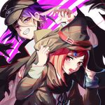  1boy 1girl black_cape black_hat cape couple danganronpa hair_ornament hairpin happy hat matching_hair/eyes new_danganronpa_v3 nochita_shin open_mouth ouma_kokichi purple_eyes purple_hair red_eyes red_hair short_hair witch_hat yumeno_himiko 