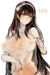  bangs bare_arms bare_shoulders blunt_bangs blush breasts brown_hair character_name closed_mouth clothes_lift covered_nipples flower girls_frontline hair_flower hair_ornament hairband highres large_breasts long_hair looking_at_viewer midriff navel no_bra no_pupils orange_eyes qbz-95_(girls_frontline) see-through sketch sleeveless snowru solo stomach underboob very_long_hair wet wet_clothes white_hairband 