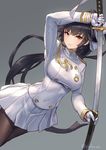  aiguillette arm_up azur_lane bangs black_legwear blush breasts brown_eyes closed_mouth commentary_request cuboon dutch_angle eyebrows_visible_through_hair gloves grey_background hair_flaps holding holding_sword holding_weapon large_breasts long_hair long_sleeves looking_at_viewer military military_uniform miniskirt pantyhose pleated_skirt ponytail sheath simple_background skirt solo sword takao_(azur_lane) tsurime uniform unsheathing very_long_hair weapon white_gloves white_skirt 