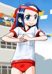  blue_eyes blue_hair buruma gym_uniform hachimaki headband kazoku_game long_hair red_buruma solo suzushiro_seri yusa_aoi_(kazoku_game) 