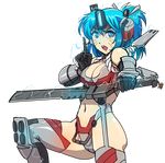  armor bare_shoulders blue_eyes blue_hair breasts cleavage gloves helmet hmage index_finger_raised mecha_musume medium_breasts navel open_mouth personification ronin_(titanfall_2) sword thighhighs titanfall titanfall_2 transparent_background weapon whisker_markings 