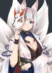  animal_ears azur_lane bangs blue_eyes breasts cleavage commentary_request e_draw_paint fox_ears fox_mask fox_tail highres japanese_clothes kaga_(azur_lane) large_breasts looking_at_viewer mask multiple_tails short_hair smile solo tail white_hair wide_sleeves 