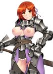  areolae armor belt blush breastless_clothes breasts breasts_apart brown_eyes gauntlets hair_ribbon hand_on_hilt hand_on_hip highres inverted_nipples knight large_areolae long_hair looking_at_viewer medium_breasts nipples no_panties original pauldrons pubic_hair puffy_nipples red_hair reverse_bikini_armor ribbon sheath sheathed simple_background smile solo sword tro weapon white_background 