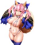  animal_ears bikini blue_bikini blue_legwear blush breasts crotchless_swimsuit detached_collar detached_sleeves fang fate/extra fate_(series) fox_ears fox_tail hair_ribbon large_breasts long_hair looking_at_viewer navel nippleless_clothes nipples oni-noboru open_mouth pink_hair pubic_hair revision ribbon simple_background smile solo swimsuit tail tamamo_(fate)_(all) tamamo_no_mae_(fate) thighhighs white_background yellow_eyes 