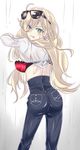  alternate_costume ame_kami_chisato angry ass blonde_hair bra cowboy_shot denim eyewear_on_head from_behind green_eyes hair_between_eyes high-waist_pants jeans kantai_collection long_hair looking_at_viewer looking_back mole mole_under_eye pants red_bra richelieu_(kantai_collection) solo underwear undressing white_background 