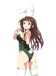  :d animal_ears ass bangs bare_shoulders blunt_bangs blush bow bowtie breasts brown_hair bunny_ears bunny_girl bunnysuit commentary_request cowboy_shot detached_collar double_v eyebrows_visible_through_hair from_behind gochuumon_wa_usagi_desu_ka? green_eyes green_leotard green_neckwear highres large_breasts leotard long_hair looking_at_viewer looking_back open_mouth phantom2071 sideboob simple_background smile solo standing thighhighs ujimatsu_chiya v white_background white_collar white_legwear wrist_cuffs 