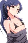  alternate_hairstyle black_bikini_top blue_hair breasts brown_eyes cleavage clothes_pull covered_nipples eyebrows_visible_through_hair hair_ornament halterneck head_tilt highres idolmaster idolmaster_(classic) kisaragi_chihaya off-shoulder_sweater ponytail simple_background small_breasts solo sweater sweater_pull tengu_(tetuo_kun) upper_body white_background 