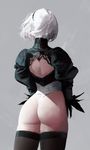  ass back back_cutout bad_artstation_id bad_id black_hairband cowboy_shot dongho_kang facing_away feather-trimmed_sleeves from_behind hairband leotard nier_(series) nier_automata no_pants realistic silver_hair solo thighhighs turtleneck white_leotard yorha_no._2_type_b 