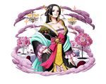  black_eyes black_hair boa_hancock bodskih breasts candle cleavage collarbone cowboy_shot dress earrings flower jewelry large_breasts long_hair looking_at_viewer one_piece pink_flower smile snake_earrings solo standing steam transparent_background 