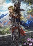  armor armored_boots belt bird blonde_hair blue_eyes boots cloud copyright_name day faria_(force_of_will) flag flower force_of_will gloves highres leaf long_hair mad_(artist) official_art sky solo sword tree weapon 