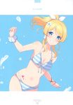  6u_(eternal_land) absurdres ayase_eli bangs bikini blonde_hair blue blue_background blue_eyes blush bracelet breasts character_name earrings eyebrows_visible_through_hair fingernails grin halter_top halterneck heart heart_tattoo highres jewelry layered_bikini long_hair looking_at_viewer love_live! love_live!_school_idol_project medium_breasts parted_lips ponytail scan simple_background smile solo splashing string_bikini striped striped_bikini swimsuit tattoo 