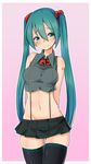  ajidot aqua_eyes aqua_hair arms_behind_back ass_visible_through_thighs black_skirt blush bow bowtie cowboy_shot eyebrows_visible_through_hair hatsune_miku head_tilt highres long_hair microskirt midriff navel pink_background red_scrunchie scrunchie skindentation skirt smile solo suspenders thighhighs twintails very_long_hair vocaloid 