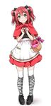  apple apron bangs basket black_bow black_footwear blush bow bowtie capelet commentary_request cosplay eyeball_hair_ornament fingers_together food fruit full_body furihata_ai green_eyes hair_bow highres kurosawa_ruby little_red_riding_hood little_red_riding_hood_(grimm) little_red_riding_hood_(grimm)_(cosplay) love_live! love_live!_sunshine!! pigeon-toed red_capelet red_hair red_neckwear red_skirt seiyuu_connection shoes simple_background skirt smile solo standing striped striped_legwear thighhighs two_side_up waist_apron white_background yopparai_oni 