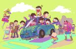  6+boys arm_behind_head boots brothers buck_teeth car cellphone chibita couple dayoon driving facial_hair family glasses_boy_(osomatsu-san) green_background ground_vehicle hashimoto_nyaa heart heart-shaped_pupils heart_in_mouth hetero isa_(garashi) iyami matsuno_choromatsu matsuno_ichimatsu matsuno_juushimatsu matsuno_karamatsu matsuno_matsuyo matsuno_matsuzou matsuno_osomatsu matsuno_todomatsu middle_finger motor_vehicle multiple_boys multiple_girls mustache on_vehicle osomatsu-kun osomatsu-san phone pinwheel road_sign scarf sextuplets short-haired_girl_(osomatsu-san) siblings sign simple_background smartphone symbol-shaped_pupils through_window waving yowai_totoko 