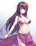 aningay bikini bracelet breasts closed_mouth collarbone contrapposto cowboy_shot fate/grand_order fate_(series) flower gradient gradient_background hair_flower hair_ornament halterneck highres jewelry kunai large_breasts leg_garter long_hair looking_at_viewer navel pink_bikini purple_hair purple_sarong red_eyes sarong scathach_(fate)_(all) scathach_(swimsuit_assassin)_(fate) side-tie_bikini simple_background smile solo standing swimsuit very_long_hair weapon 