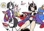  alcohol black_hair breasts cup eyeliner fangs fate/grand_order fate_(series) food fruit headpiece horns ibaraki_douji_(fate/grand_order) japanese_clothes kimono makeup multiple_girls oni oni_horns purple_eyes revealing_clothes sakata_kintoki_(fate/grand_order) sakazuki sake sen-jou short_eyebrows short_hair shuten_douji_(fate/grand_order) simple_background small_breasts white_background 