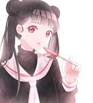  absurdres black_hair black_shirt candy cardcaptor_sakura double_bun food highres li_meiling lollipop long_hair looking_at_viewer red_eyes school_uniform shirt simple_background solo tomoeda_elementary_school_uniform tongue tongue_out twintails upper_body white_background zhi_(yammycheese) 