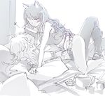  arms_around_waist bed blake_belladonna blocking_kiss commentary_request imminent_kiss multiple_girls pillow prosthesis prosthetic_arm rwby rwby_fanartnest tank_top teapot yang_xiao_long yuri 