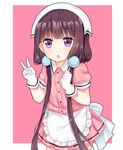  :o apron bangs blend_s blunt_bangs blush brown_hair clenched_hand cowboy_shot frilled_apron frills gloves hair_bobbles hair_ornament hair_over_shoulder hands_up head_scarf long_hair looking_at_viewer low_twintails parted_lips pink_shirt pink_skirt pleated_skirt puffy_sleeves purple_eyes sakuranomiya_maika shirt skirt solo stile_uniform tengxiang_lingnai twintails uniform v very_long_hair waist_apron waitress white_apron white_gloves 