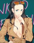  alternate_costume ban_(bango) black_hair blue_eyes blue_pupils breasts breasts_apart buttons character_name chin_stroking closed_mouth coat collarbone eyewear_on_head forehead hair_slicked_back hand_on_hip hand_on_own_chin hand_up highres long_hair long_sleeves looking_at_viewer medium_breasts nico_robin no_bra no_shirt one_piece smile solo sunglasses twitter_username unbuttoned upper_body wide_sleeves 